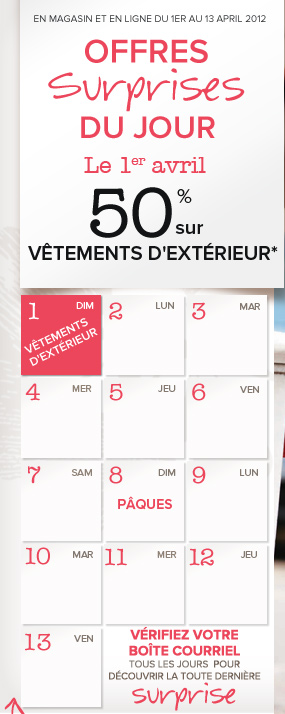 Offres surprises du jour . Le 1er avril 50% sur Vêtements d'extérieur*